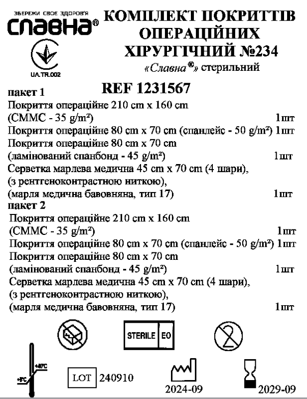 Комплект покриттів операційних хірургічний №234 «Славна®» стерильний
